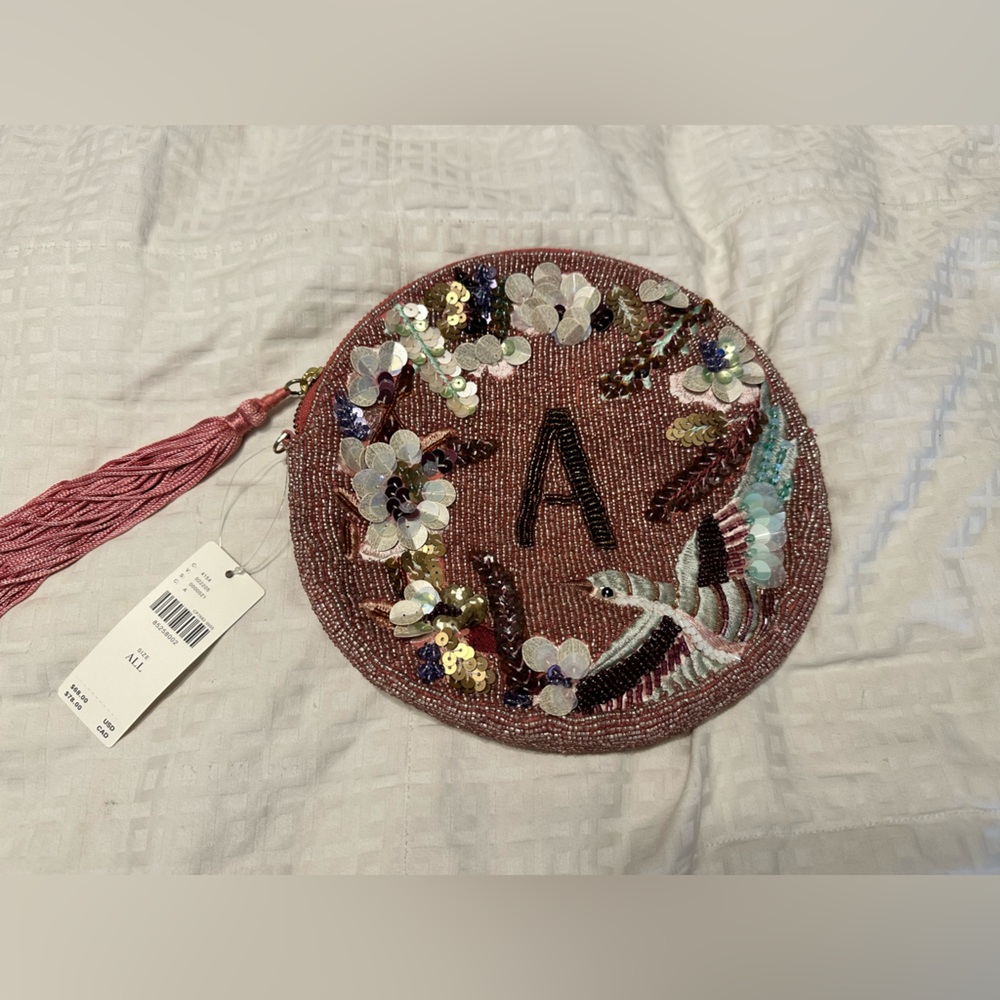 Anthropologie Pink Embroidered Clutch with Tassel